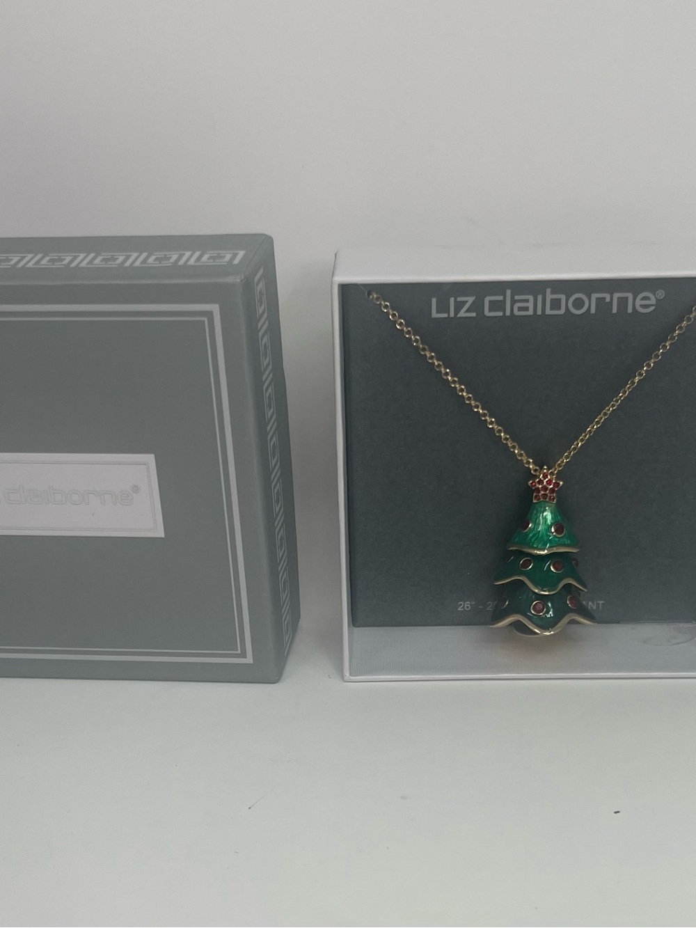 Liz Claiborne Vintage Christmas Tree Pendant Necklace Goldtone Enamel New In Box